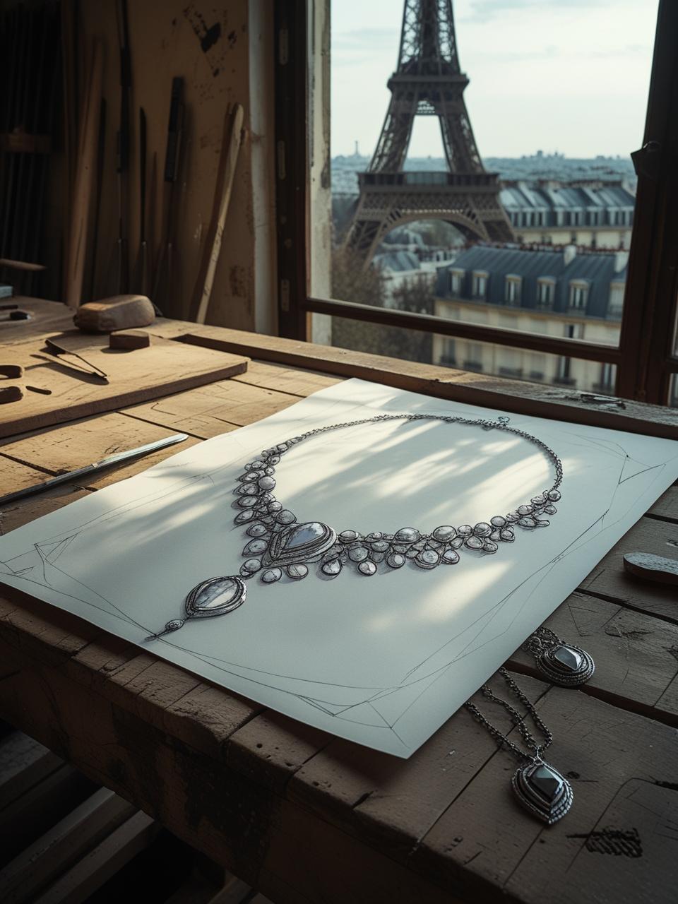jpoaillier francais Croquis d’un bijou dessiné à la main dans un atelier français vu sur la tour effel jpoaillier francais Croquis d’un bijou dessiné à la main dans un atelier français vu sur la tour effel