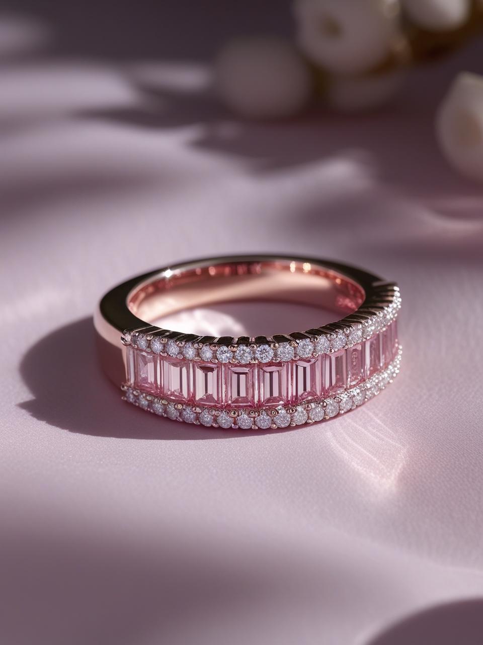 Sertissage invisible de diamants rosé baguette sur une bague en or blanc (1) Sertissage invisible de diamants rosé baguette sur une bague en or blanc (1)